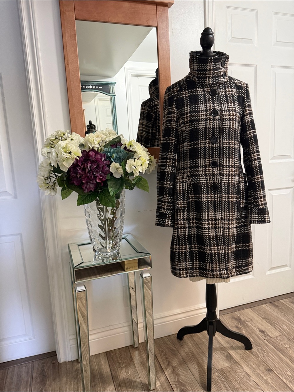 Urban Behavior Black and Cream Plaid Long-Sleeve Funnel Neck Dress Coat